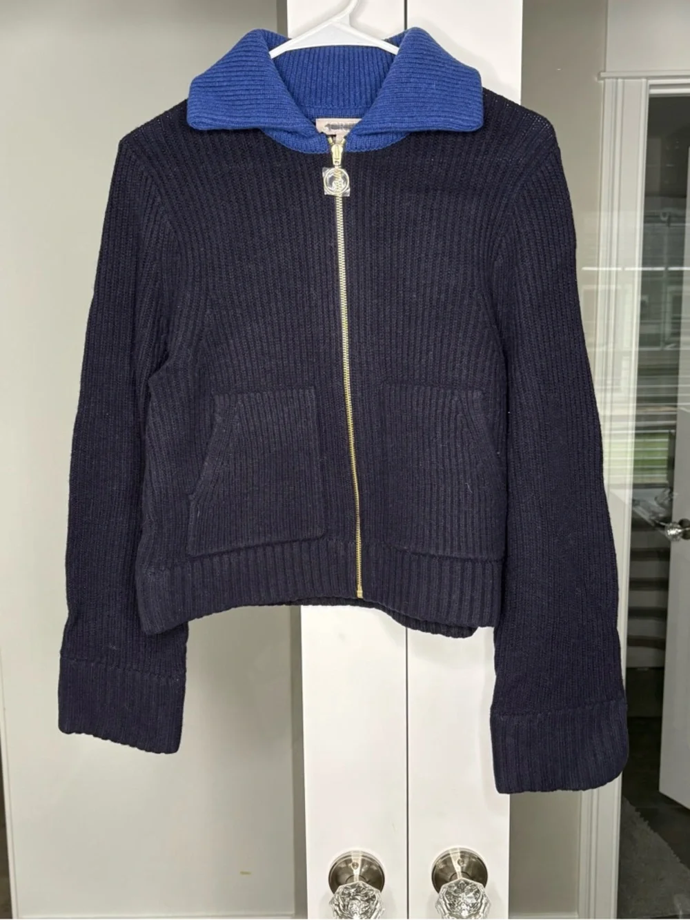NWT J. Crew Colorblock Collared Full-zip Sweater Wool Navy Blue